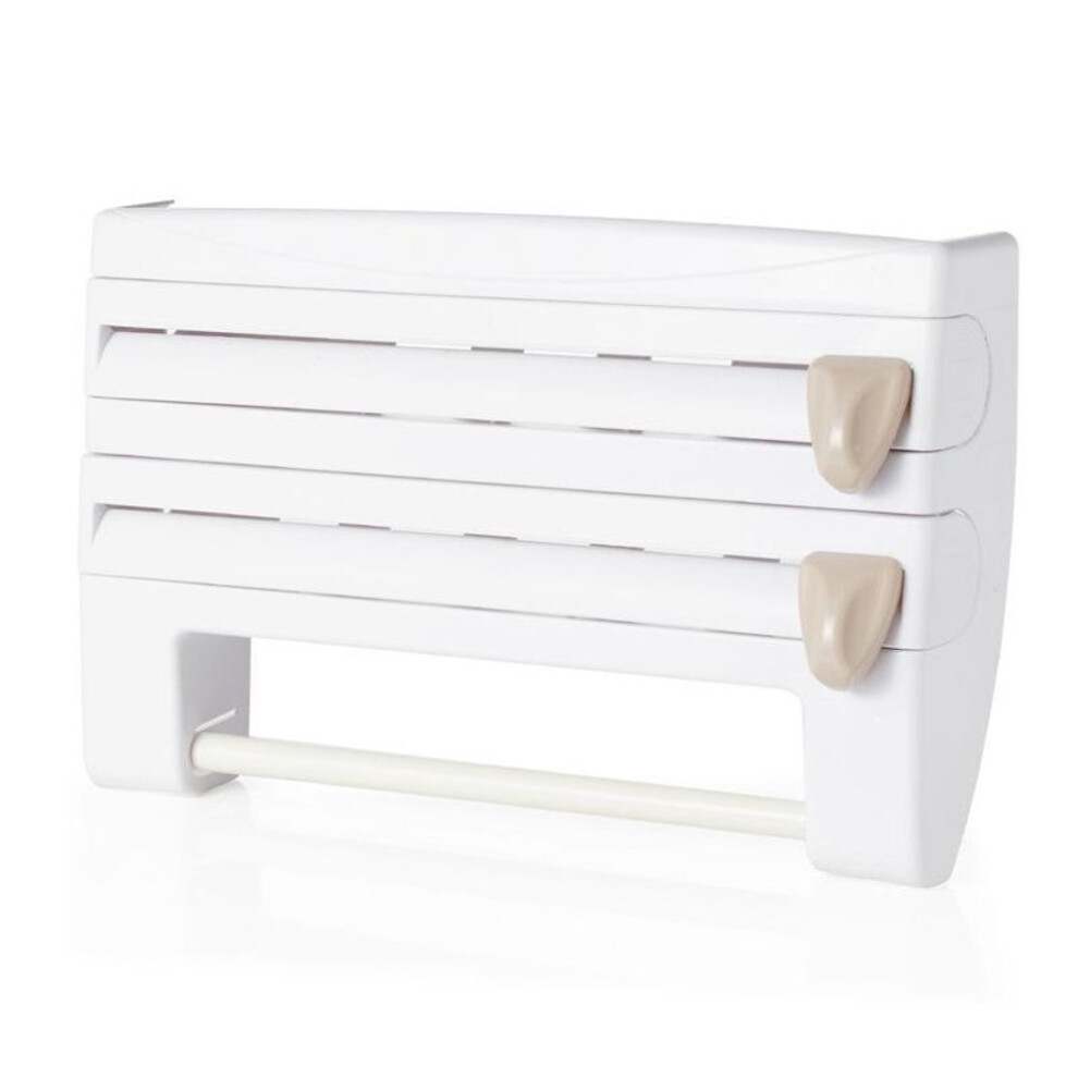 (white) Multifunctional Wall-Mounted Kitchen Storage Rack with Cutter for Plastic Wrap, Foil, and Paper Towels