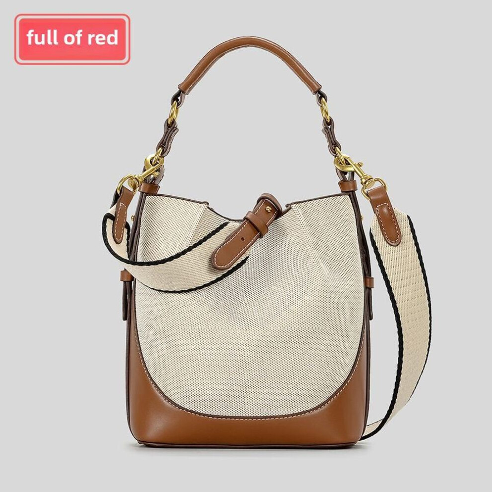 (cream,white) Large Capacity Women's Canvas Crossbody Handbag With Wide Shoulder Strap And Drawstring Bucket Design
