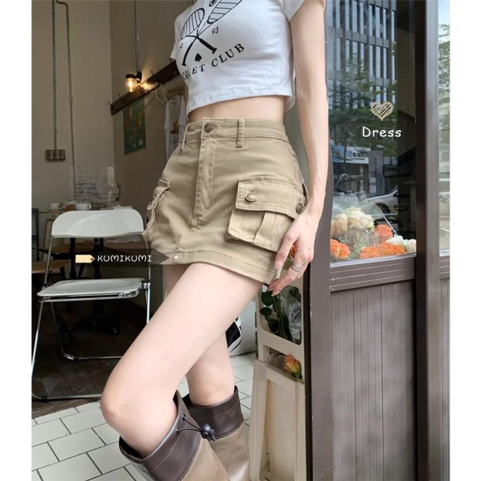 (khaki, Large) High-Waisted Khaki Denim Mini Skirt - Retro Style, Slim Fit, Summer Essential.