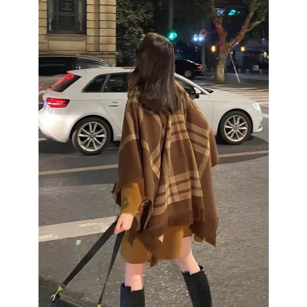 (coffee, One Size) Large Plaid Tassel Shawl Cape Cardigan - Knitted Sweater Outerwear