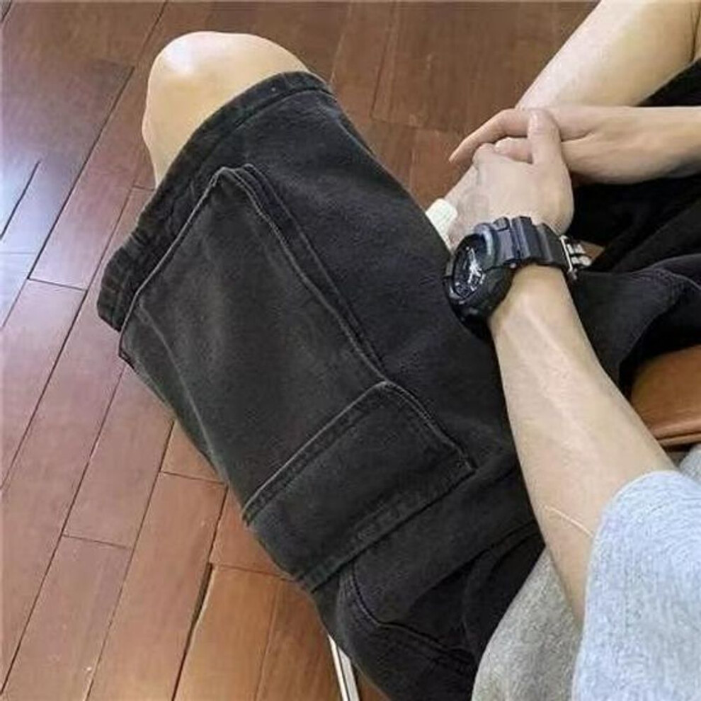 (black, XL) 2022 Trendy Boys' Loose Straight Denim Shorts - Hong Kong & Korean-Style Retro Japanese All-Match Casual Pants