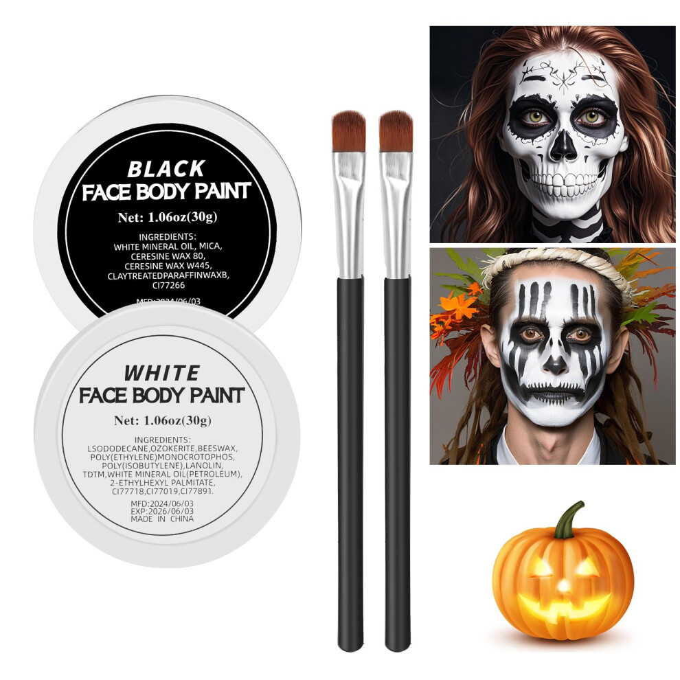Kit de maquillage de clown Halloween avec 2 pinceaux, peinture corporelle et visage blanc et noir, kit professionnel pour clown, Joker, th      tre,
