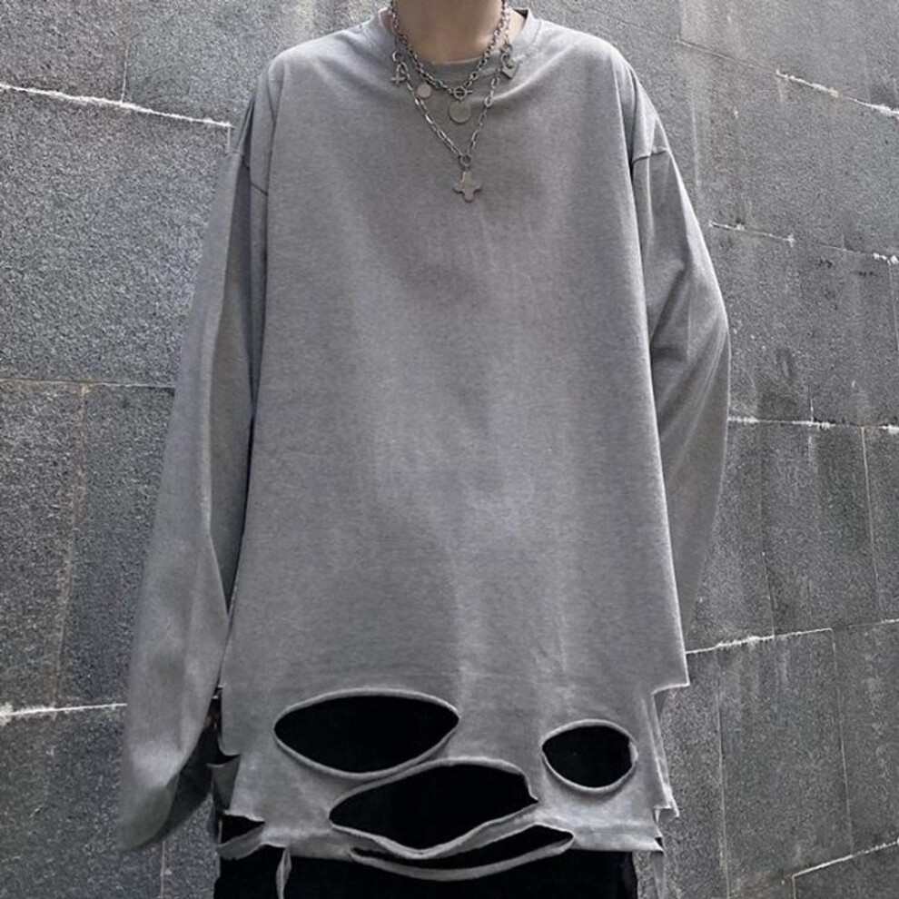 (gray, X-Large) "unisex Distressed Long Sleeve Solid Color Layered T-shirt With Trendy Torn Hem