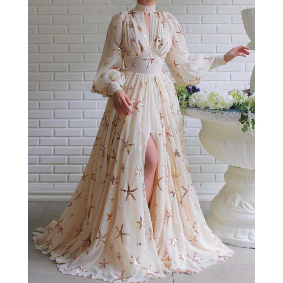 (beige, Medium) 2024 Sequined Lantern Sleeve Chiffon Dress with High Collar and Slit