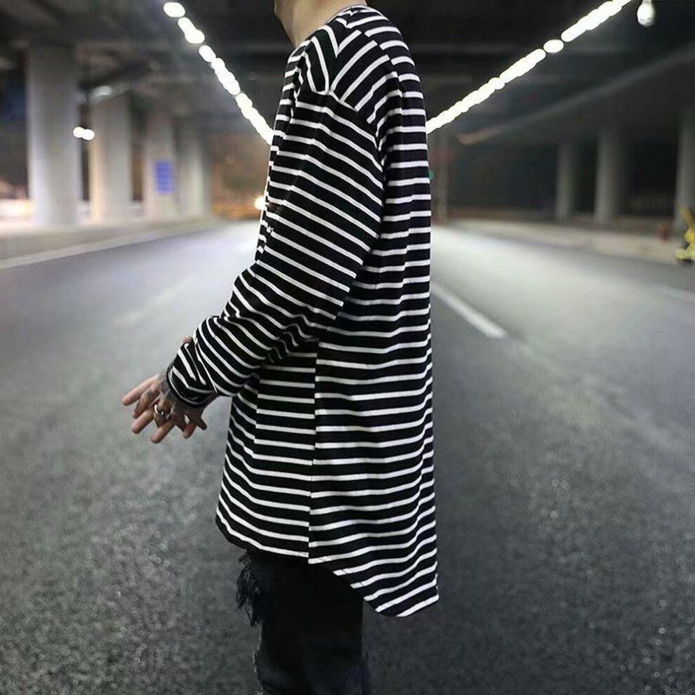 (black, M) "Men's Hip-Hop Long-Sleeve T-Shirt with Short Front and Long Back, Black and White Stripes