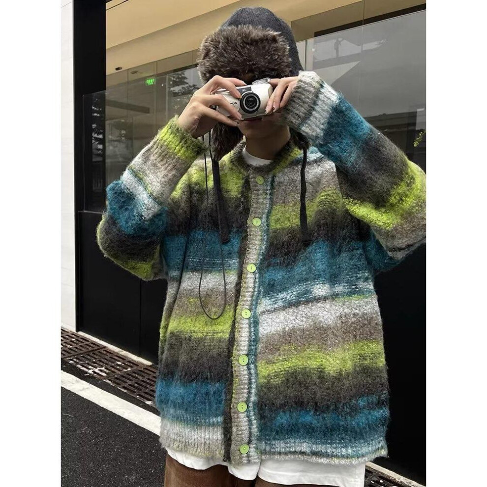 (green, Large) 2023 Autumn Men's Retro Striped Knit Cardigan Sweater