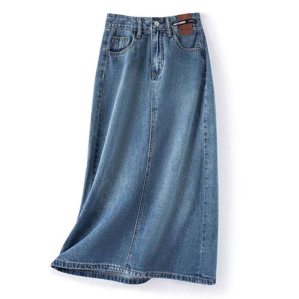 (XL) High Waist A-Line Denim Skirt: Retro Mid-Length, Back Slit, Meat-Covering, Women's Niche Leather Brand