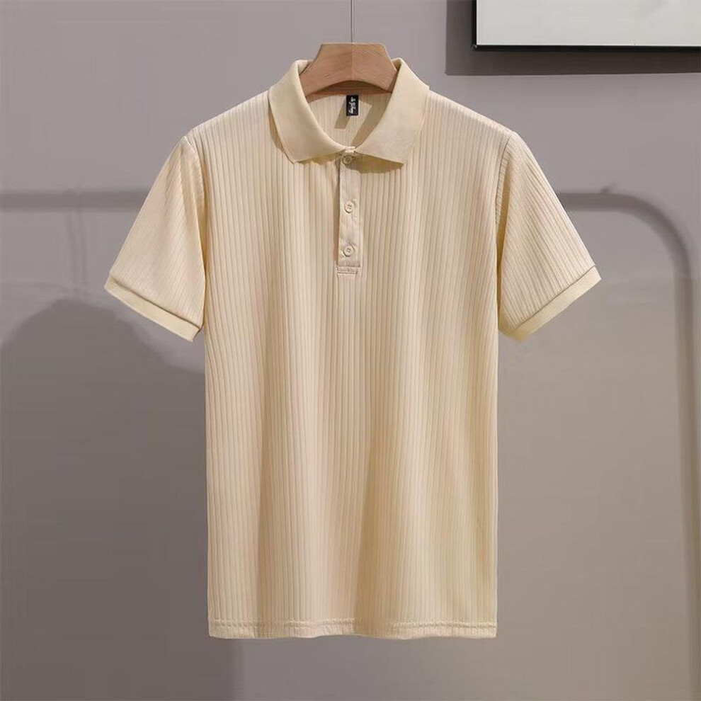 (khaki, 2XL) 2023 Men's Trendy Mercerized Knit Striped Polo Shirt with Lapel - Short-Sleeved Summer Top
