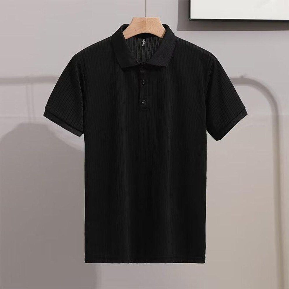 (black, L) 2023 Men's Trendy Mercerized Knit Striped Polo Shirt with Lapel - Short-Sleeved Summer Top