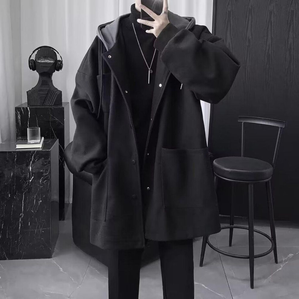(black, 2XL) Men's Mid-Length Black Padded Wool Coat - Loose, Thick, Hooded, Korean Style Winter Outerwear