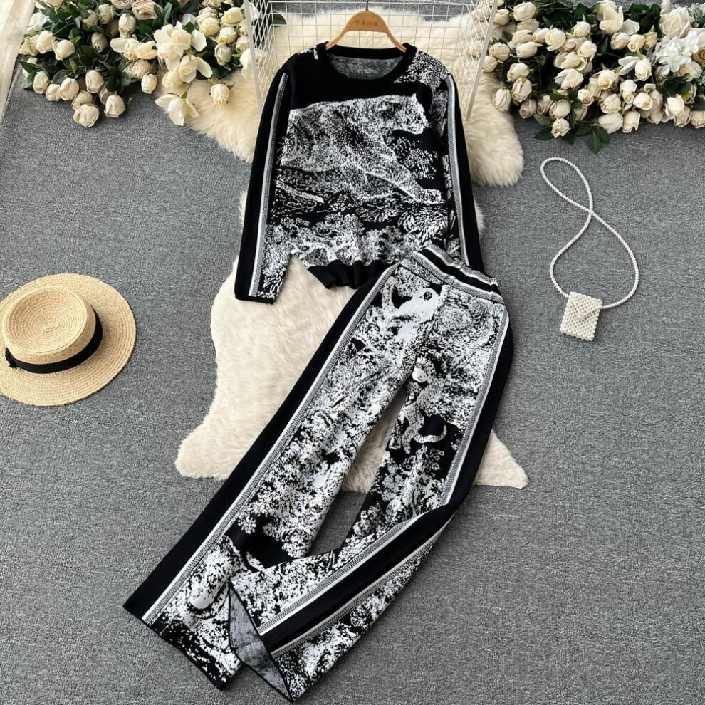 (black, One Size) Women's Art-Inspired Knit Sweater & Wide-Leg Trousers Set – Autumn/Winter Trend