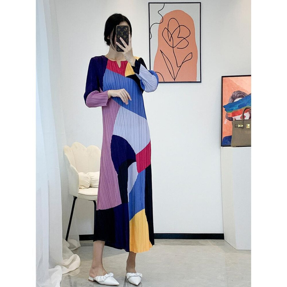 (dark blue, One Size) "Geometric Print V-Neck Long-Sleeve Fashion Dress