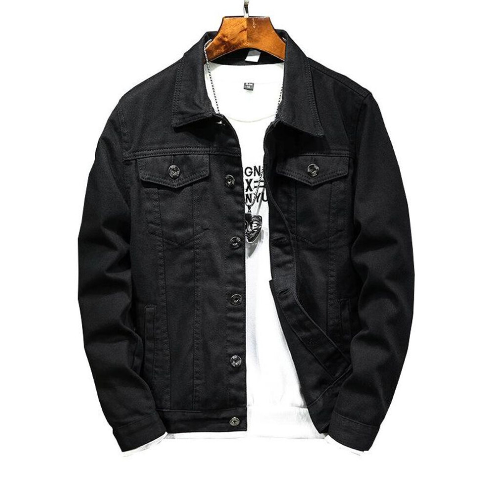 (black, L) "2024 Men's European & American Black Denim Jacket - Pure Black, Simple Design