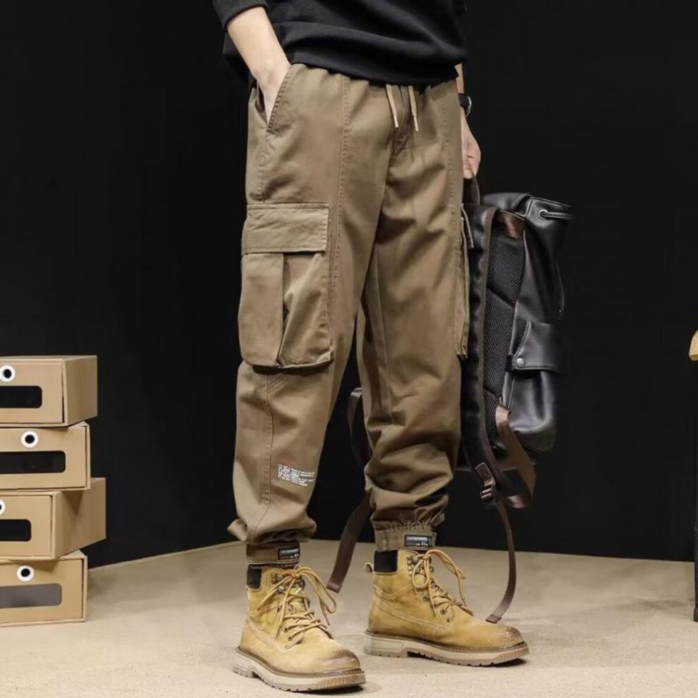 (khaki, 4XL) Men's American Retro Loose Straight Cuffed Harem Overalls - Spring/summer Casual Pants