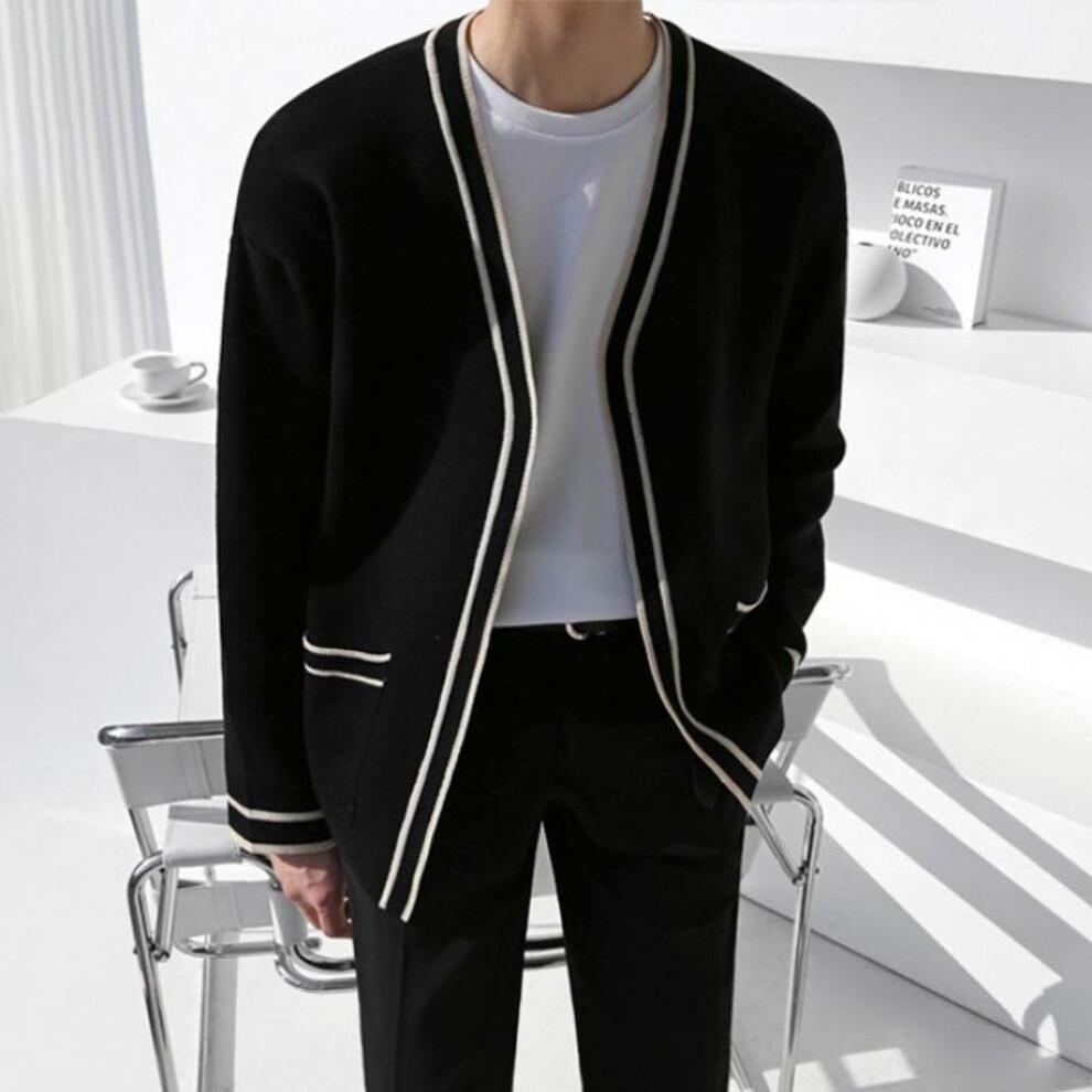(black, L) Men's Knitted V-neck Cardigan Sweater - Spring/autumn Korean Casual Loose-fit Top