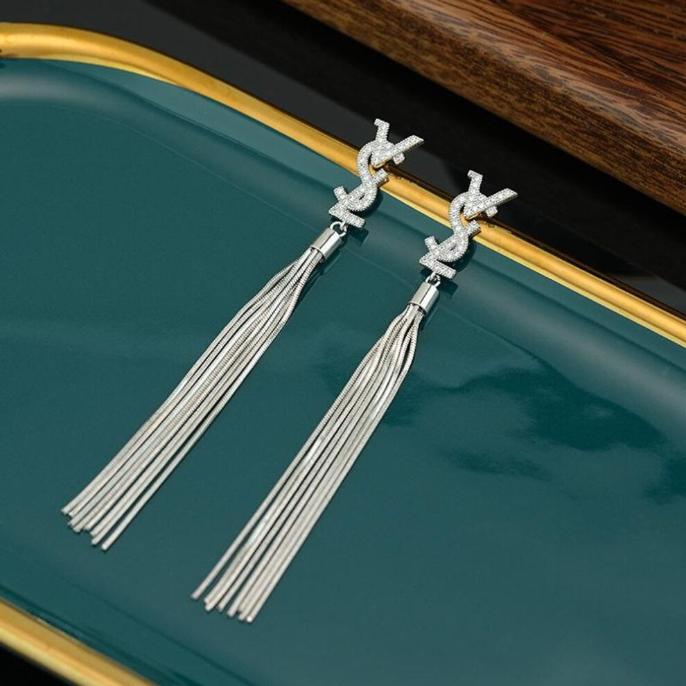 (silver) English Letter Zircon Tassel Earrings - Luxury, Fashionable Long Drop Design