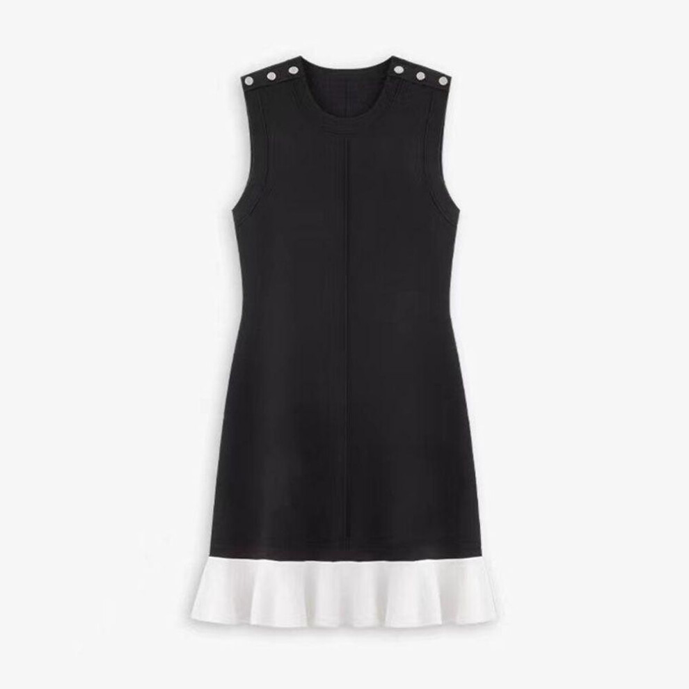 (black, L) "2024 Spring/Summer Black & White Contrast Ruffled Knitted Dress with Shoulder Buckle