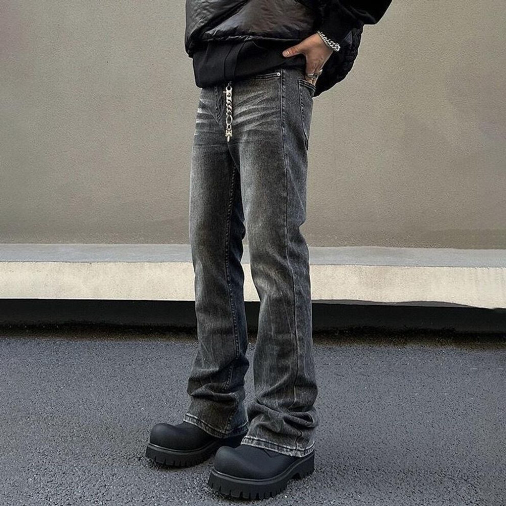 (S) Men's Washed Black Slim Fit Straight High Elastic Flared Jeans