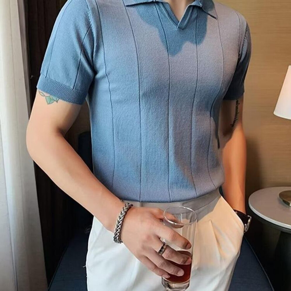 (blue, 2XL) Men's Summer 2024 Slim V-Neck Knitted Polo T-Shirt - Short-Sleeved Business Casual Top