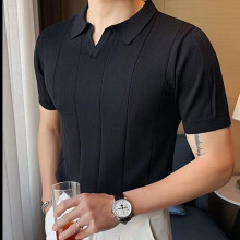 (black, 3XL) Men's Summer 2024 Slim V-Neck Knitted Polo T-Shirt - Short-Sleeved Business Casual Top