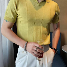 (yellow, 2XL) Men's Summer 2024 Slim V-Neck Knitted Polo T-Shirt - Short-Sleeved Business Casual Top