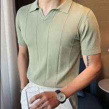 (green, M) Men's Summer 2024 Slim V-Neck Knitted Polo T-Shirt - Short-Sleeved Business Casual Top