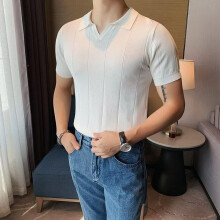 (white, 3XL) Men's Summer 2024 Slim V-Neck Knitted Polo T-Shirt - Short-Sleeved Business Casual Top