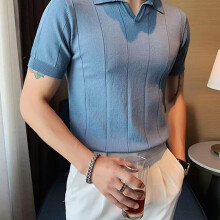 (blue, 3XL) Men's Summer 2024 Slim V-Neck Knitted Polo T-Shirt - Short-Sleeved Business Casual Top