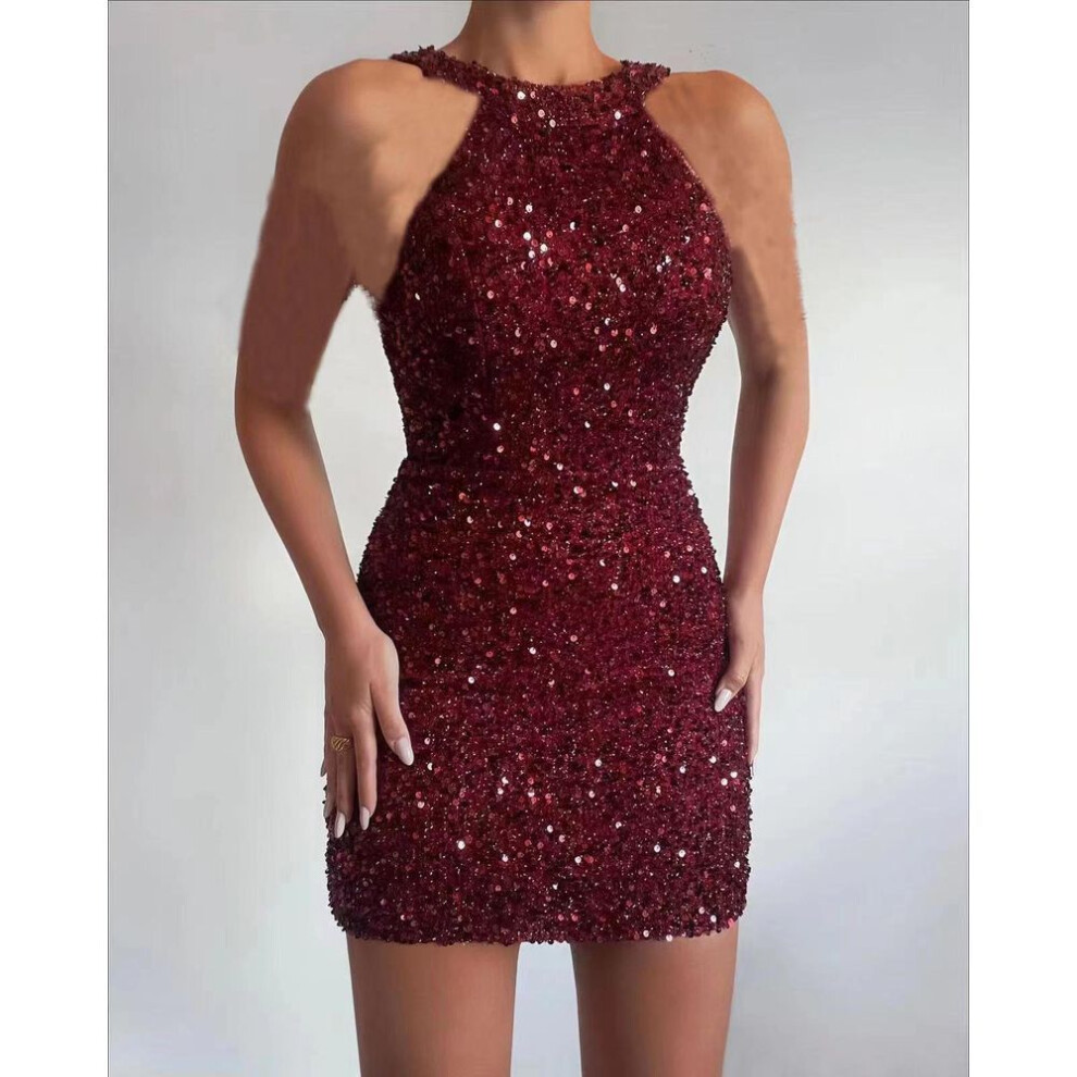 (wine red, Extra Extra Large) "2025 Chic Halter Neck Sequin Dress With Crystal Tassel
