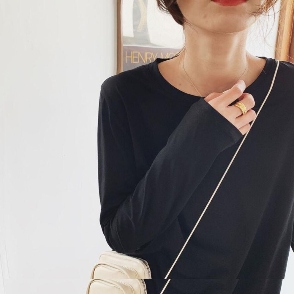 (black, Medium) "women's White Long-sleeve Round Neck T-shirt - Loose Fit, Korean Style, All-match Solid Color For Early Autumn And Spring