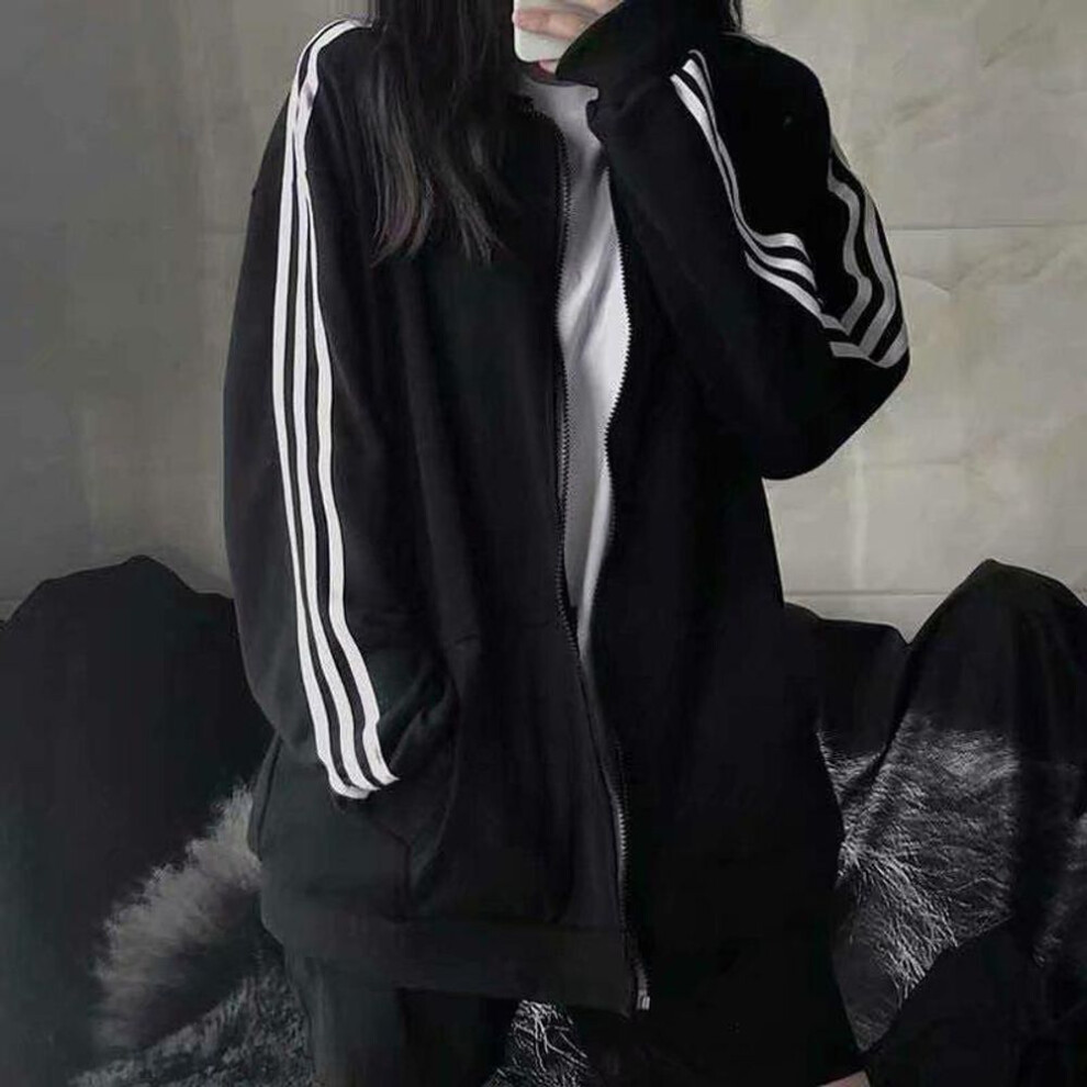 (black, 4XL) Spring/summer Women's Sports Baseball Jacket - Korean Style, Thin, Loose, Black, Three-bar Design, Ideal For Students, Trendy.