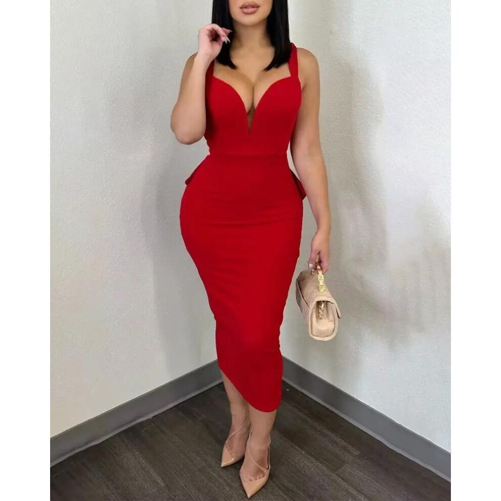 (red, 3XL) K2868 European & American Backless Deep V Solid Color Dress with Bow and Slit