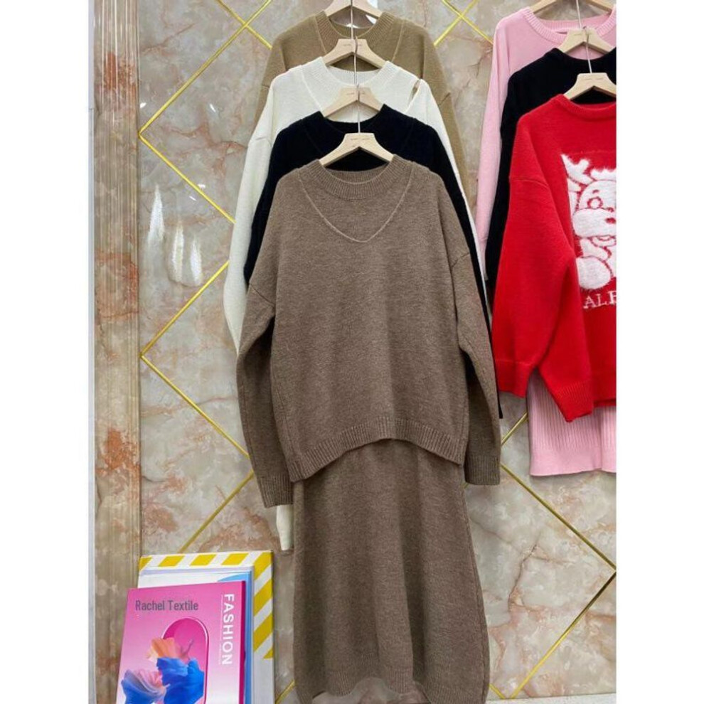 (black, One Size) "2024 Winter Fashion: V-Neck Long Sleeve Knit Sweater Dress & Casual Two-Piece Set