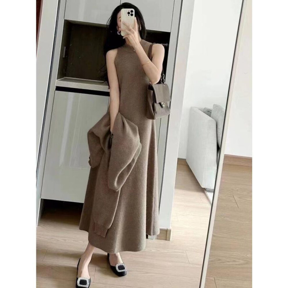 (coffee, One Size) "2024 Winter Fashion: V-Neck Long Sleeve Knit Sweater Dress & Casual Two-Piece Set