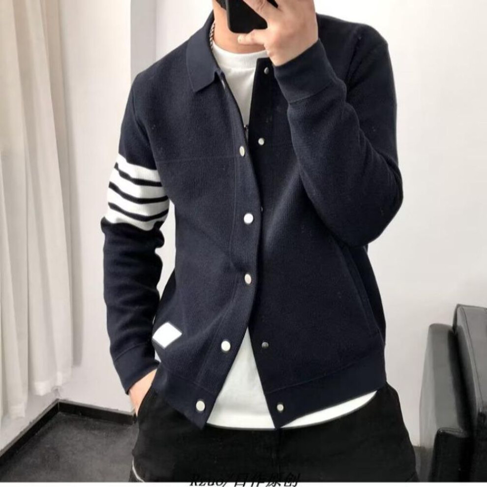 (navy blue, 2XL) Men's High-density Lapel Jacquard Knitted Jacket - 2023 Spring/autumn Trendy Cardigan Sweater Coat