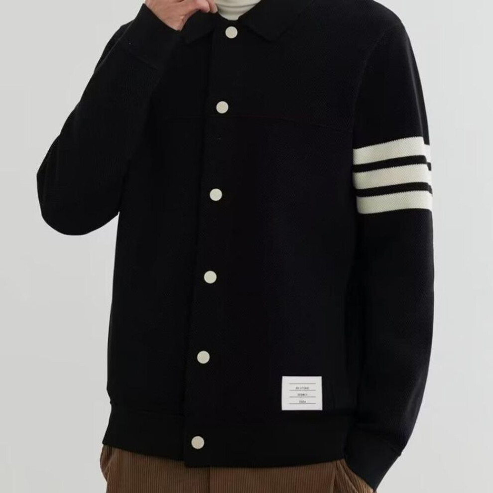 (black, L) Men's High-density Lapel Jacquard Knitted Jacket - 2023 Spring/autumn Trendy Cardigan Sweater Coat
