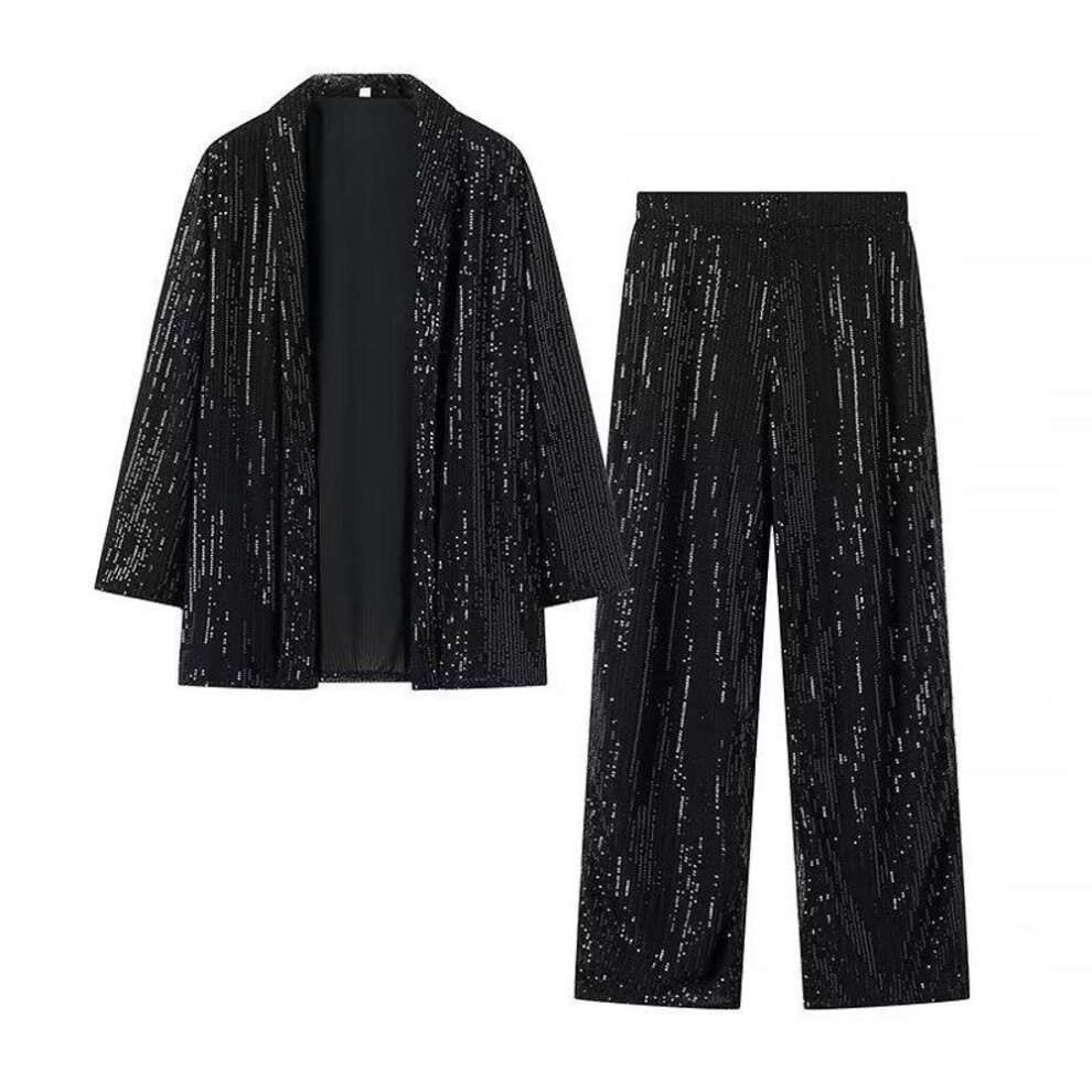(black, Extra Large) 2024 Spring Women's Sequined Blazer & Straight Pants Set