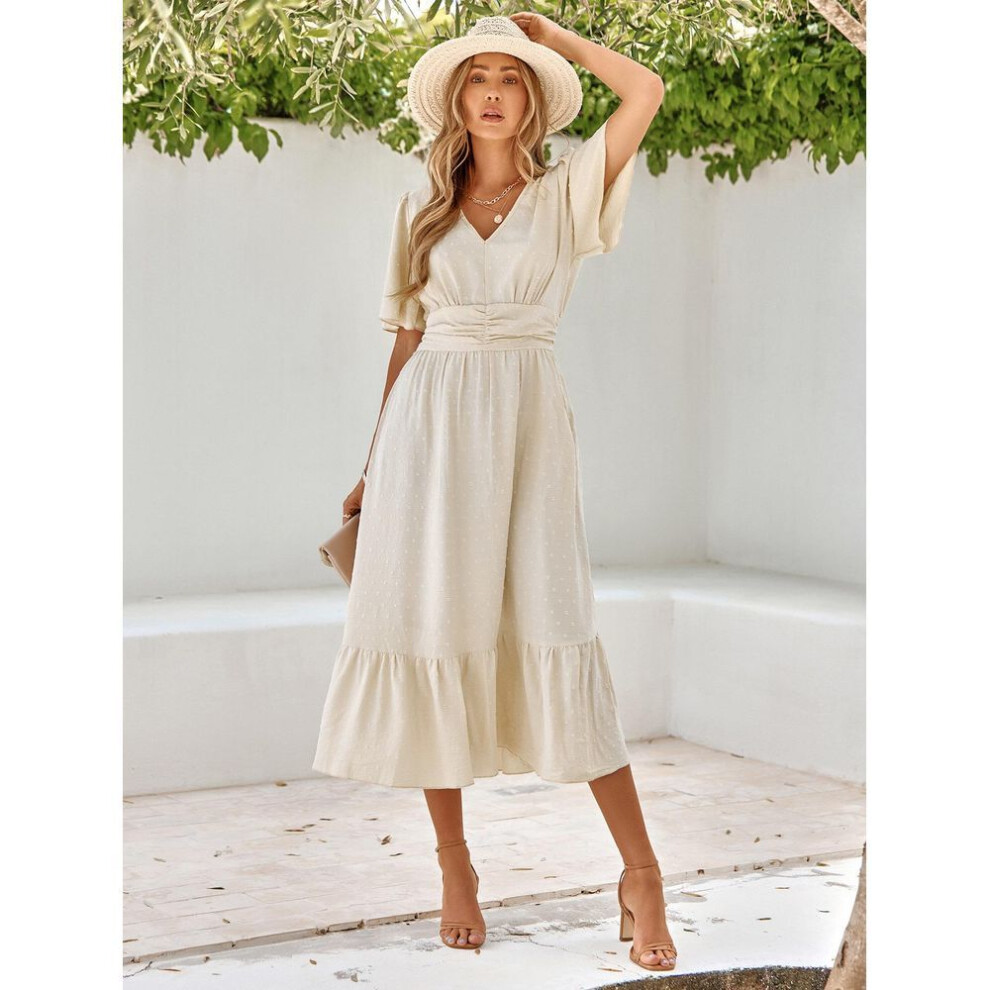 (apricot, XL) 2024 Casual European & American Women's V-Neck Ruffle Sleeve Solid Color Maxi Dress