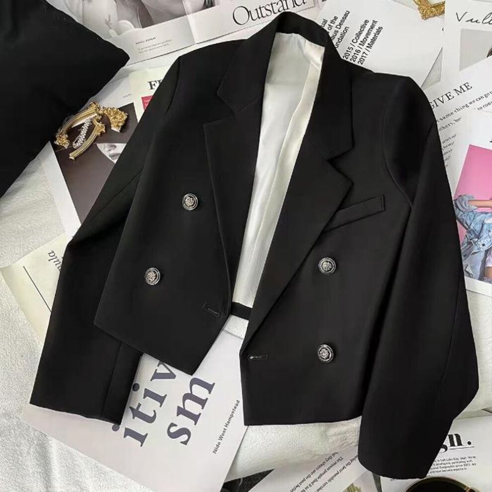 (black, XL) "Women's Elegant Short-Sleeve Double-Breasted Suit Jacket for Autumn/Winter