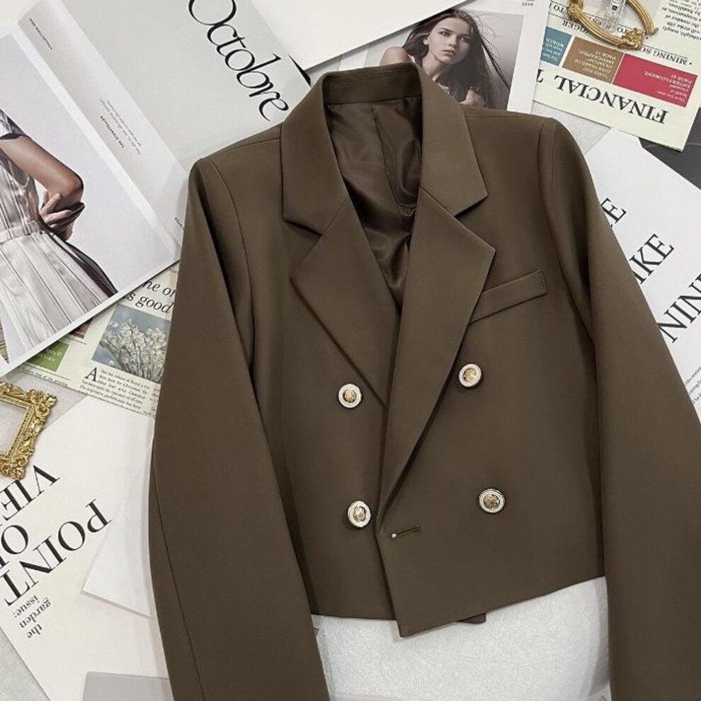 (coffee, XL) "Women's Elegant Short-Sleeve Double-Breasted Suit Jacket for Autumn/Winter
