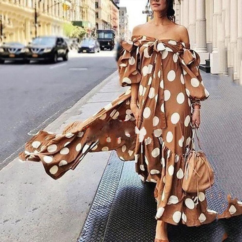 (brown, XXXL) "2025 Bohemian Off-Shoulder Polka Dot Casual Long Dress for Women