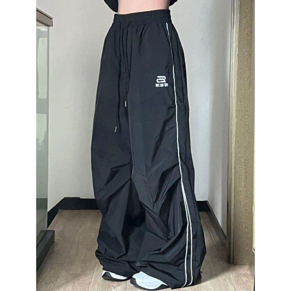 (black, L) Women's American Retro Striped Wide-Leg Joggers - Harajuku Casual Drawstring Pants