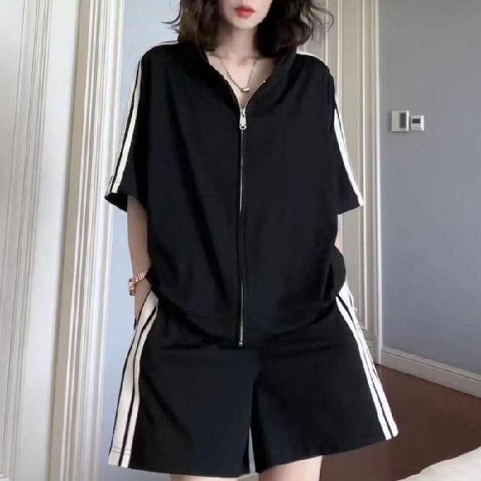 (black, 3XL) 2024 Ladies' Summer Loose Fit Stylish Two-Piece Casual Sportswear Set