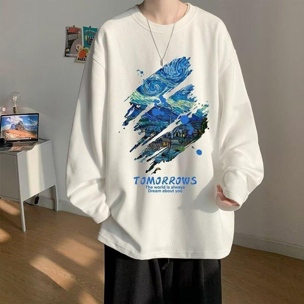 (white, XL) Men's 2023 American Fashion Heavy Cotton Long-Sleeve Loose T-Shirt