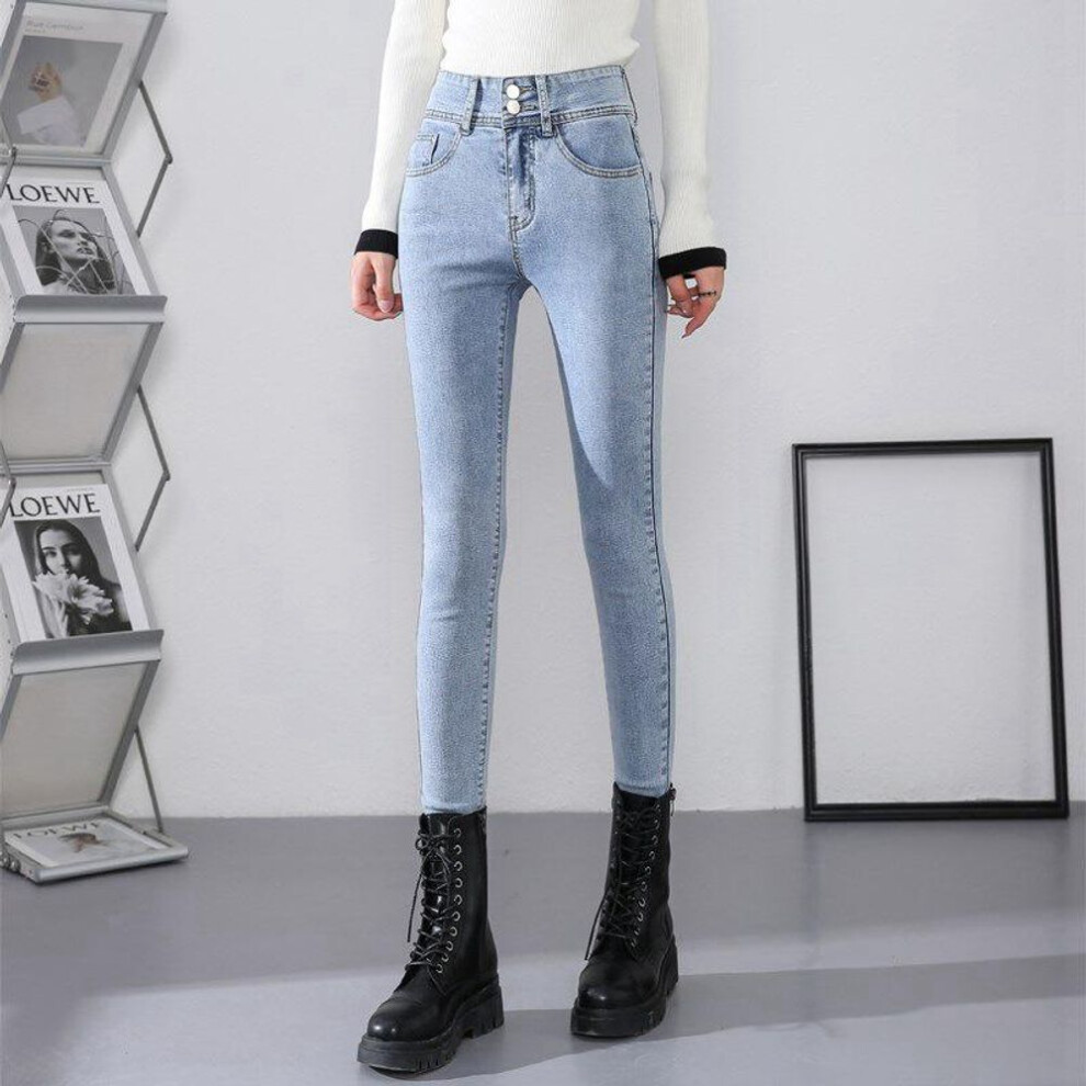 (light blue, 27) Women's High-waisted Double-button Light-wash Skinny Jeans: Slim-fit, Nine-point Pencil Style