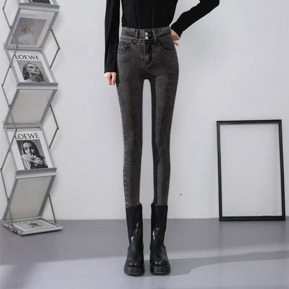 (dark grey, 30) Women's High-Waisted Double-Button Light-Wash Skinny Jeans: Slim-Fit, Nine-Point Pencil Style