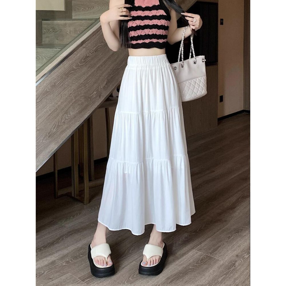 (white, 3XL) Petite Black And White Drapey A-line Midi Skirt For Women, High-waisted Spring 2024 Collection