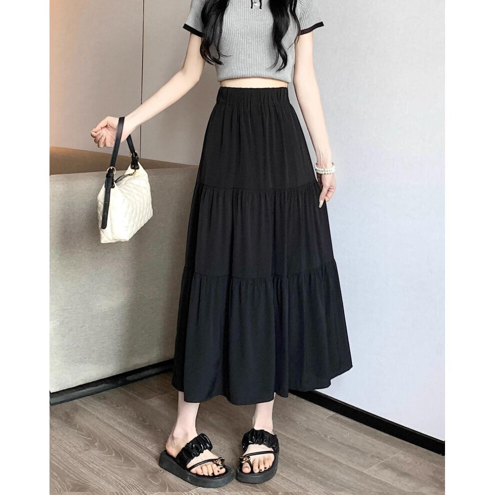 (black, XS) Petite Black and White Drapey A-line Midi Skirt for Women, High-Waisted Spring 2024 Collection