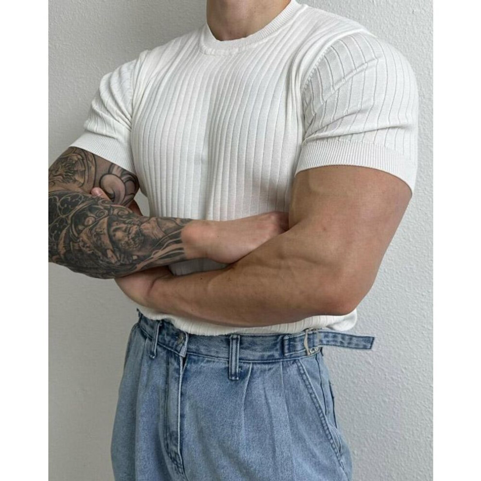 (white, M) Men's Slim Fit Vertical Striped Knitted Summer T-Shirt