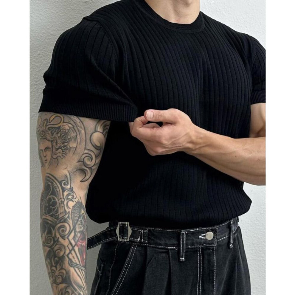 (black, 3XL) Men's Slim Fit Vertical Striped Knitted Summer T-Shirt